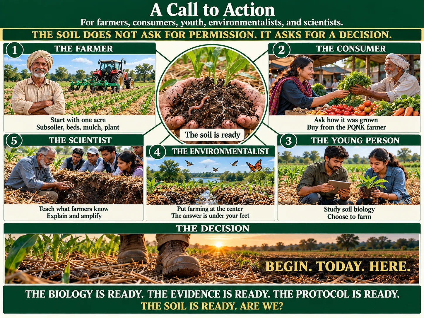 Infographic: A Call to Action. For farmers, consumers, youth, environmentalists, and scientists. The soil does not ask for permission. It asks for a decision. At the center, two hands hold dark, crumbly soil with an earthworm, white fungal threads and young green shoots over a mulched bed, labelled the soil is ready. Five panels around it, numbered 1 to 5: 1, the farmer, a farmer in a turban with arms folded, a tractor and subsoiler behind him, start with one acre, subsoiler, beds, mulch, plant; 2, the consumer, a woman buying fresh vegetables from a farmer at a market stall, ask how it was grown, buy from the PQNK farmer; 3, the young person, a young man with a tablet and a young woman holding a young plant on a mulched field, study soil biology, choose to farm; 4, the environmentalist, water soaking into mulched beds, with birds and a butterfly above, put farming at the center, the answer is under your feet; 5, the scientist, a professor showing students the soil in an open pit beside mulched beds, teach what farmers know, explain and amplify. The decision: a farmer's boots stepping onto a mulched bed at sunrise, begin. today. here. The biology is ready. The evidence is ready. The protocol is ready. The soil is ready. Are we?