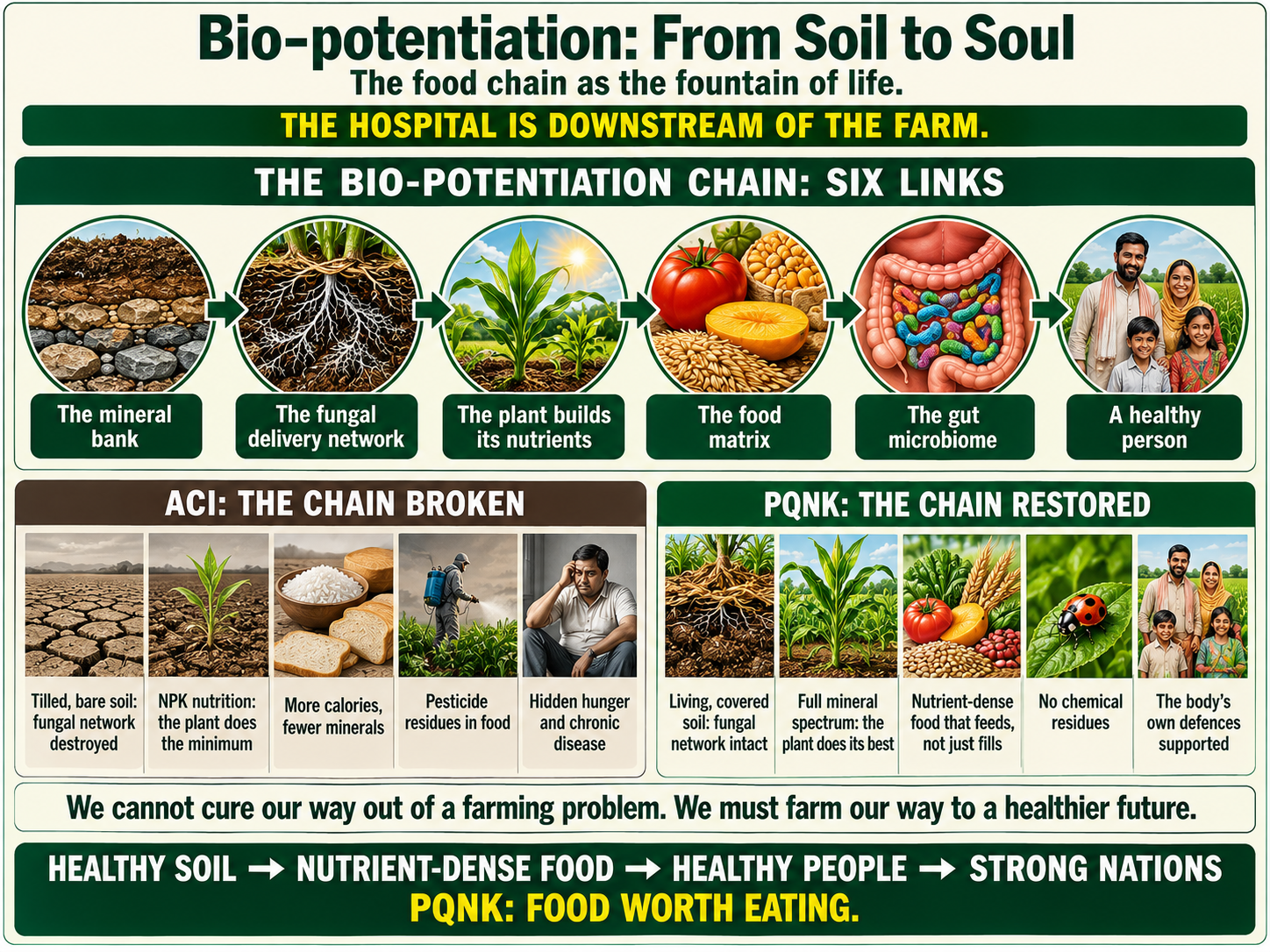 Infographic: Bio-potentiation: From Soil to Soul. The food chain as the fountain of life. The hospital is downstream of the farm. The bio-potentiation chain, six links: the mineral bank; the fungal delivery network; the plant builds its nutrients; the food matrix; the gut microbiome; a healthy person. ACI, the chain broken: tilled, bare soil, fungal network destroyed; NPK nutrition, the plant does the minimum; more calories, fewer minerals; pesticide residues in food; hidden hunger and chronic disease. PQNK, the chain restored: living, covered soil, fungal network intact; full mineral spectrum, the plant does its best; nutrient-dense food that feeds, not just fills; no chemical residues; the body's own defences supported. We cannot cure our way out of a farming problem; we must farm our way to a healthier future. Healthy soil, nutrient-dense food, healthy people, strong nations. PQNK: food worth eating.