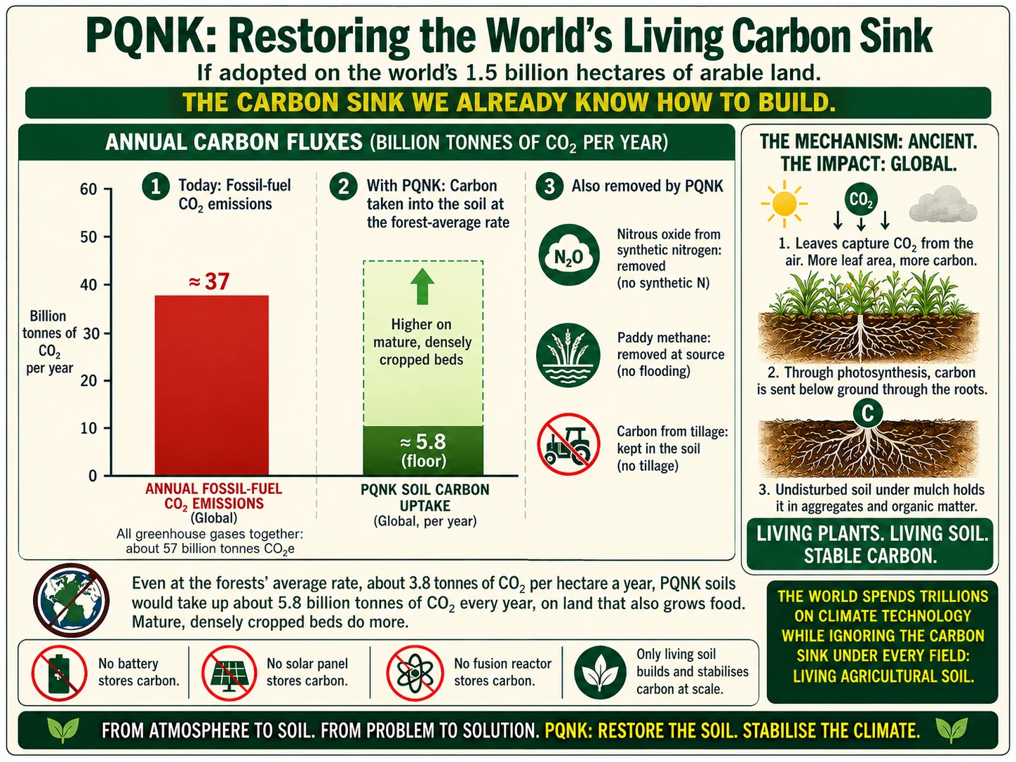 Infographic: PQNK: Restoring the World's Living Carbon Sink, if adopted on the world's 1.5 billion hectares of arable land. The carbon sink we already know how to build. A bar chart of annual carbon fluxes in billion tonnes of carbon dioxide per year, on a scale from 0 to 60. One, today: annual fossil-fuel carbon dioxide emissions, global, about 37; all greenhouse gases together, about 57 billion tonnes of carbon dioxide equivalent. Two, with PQNK: carbon taken into the soil at the forest-average rate, PQNK soil carbon uptake, global, per year, about 5.8 as the floor, and higher on mature, densely cropped beds. Three, also removed by PQNK: nitrous oxide from synthetic nitrogen, removed, no synthetic nitrogen; paddy methane, removed at source, no flooding; carbon from tillage, kept in the soil, no tillage. The mechanism: ancient; the impact: global. One, leaves capture carbon dioxide from the air; more leaf area, more carbon. Two, through photosynthesis, carbon is sent below ground through the roots. Three, undisturbed soil under mulch holds it in aggregates and organic matter. Living plants, living soil, stable carbon. Even at the forests' average rate, about 3.8 tonnes of carbon dioxide per hectare a year, PQNK soils would take up about 5.8 billion tonnes of carbon dioxide every year, on land that also grows food; mature, densely cropped beds do more. No battery stores carbon, no solar panel stores carbon, no fusion reactor stores carbon; only living soil builds and stabilises carbon at scale. The world spends trillions on climate technology while ignoring the carbon sink under every field: living agricultural soil. From atmosphere to soil, from problem to solution. PQNK: restore the soil, stabilise the climate.