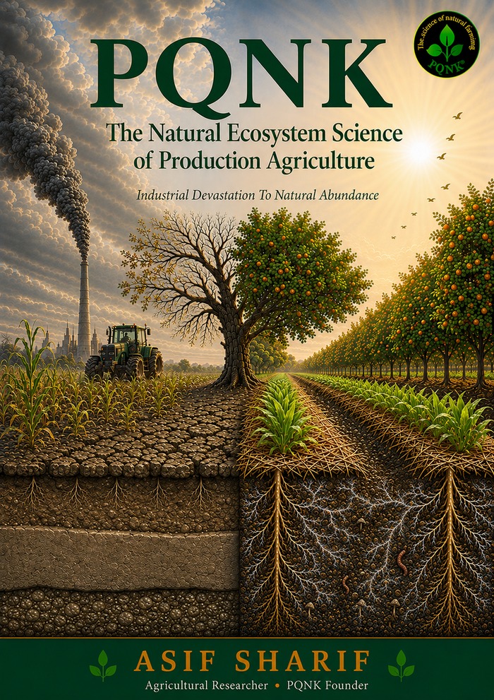 Cover of PQNK: The Natural Ecosystem Science of Production Agriculture — Industrial Devastation To Natural Abundance, showing a split landscape: an industrial field with a smokestack and bare, cracked soil on the left, and a thriving orchard with visible healthy root and mycorrhizal networks on the right. By Asif Sharif, Agricultural Researcher and PQNK Founder.