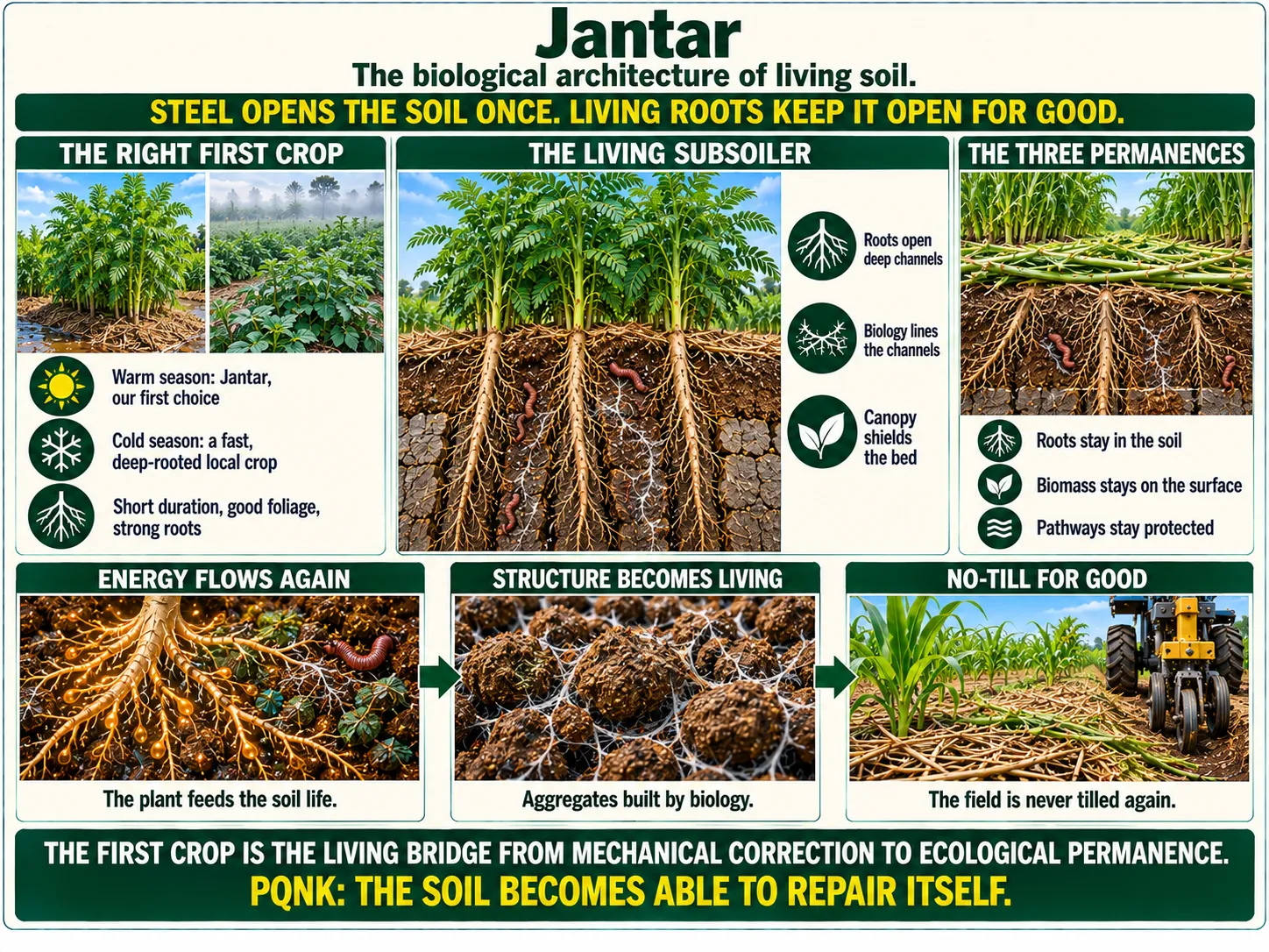 Infographic: Jantar. The biological architecture of living soil. Steel opens the soil once; living roots keep it open for good. The right first crop: a tall Jantar crop on raised beds in summer beside a leafy, deep-rooted crop on beds in cool, misty winter; warm season: Jantar, our first choice; cold season: a fast, deep-rooted local crop; short duration, good foliage, strong roots. The living subsoiler: a dense Jantar crop with deep taproots growing down through the cracked hardpan, the channels lined with fungal threads and earthworms nearby; roots open deep channels; biology lines the channels; canopy shields the bed. The three permanences: the crop cut and laid as thick mulch with its roots left in the soil; roots stay in the soil; biomass stays on the surface; pathways stay protected. Energy flows again: a root releasing droplets into soil full of life; the plant feeds the soil life. Structure becomes living: crumbly aggregates held by fungal threads; aggregates built by biology. No-till for good: a crop growing through the mulch with a precision planter in the furrow; the field is never tilled again. The first crop is the living bridge from mechanical correction to ecological permanence. PQNK: the soil becomes able to repair itself.