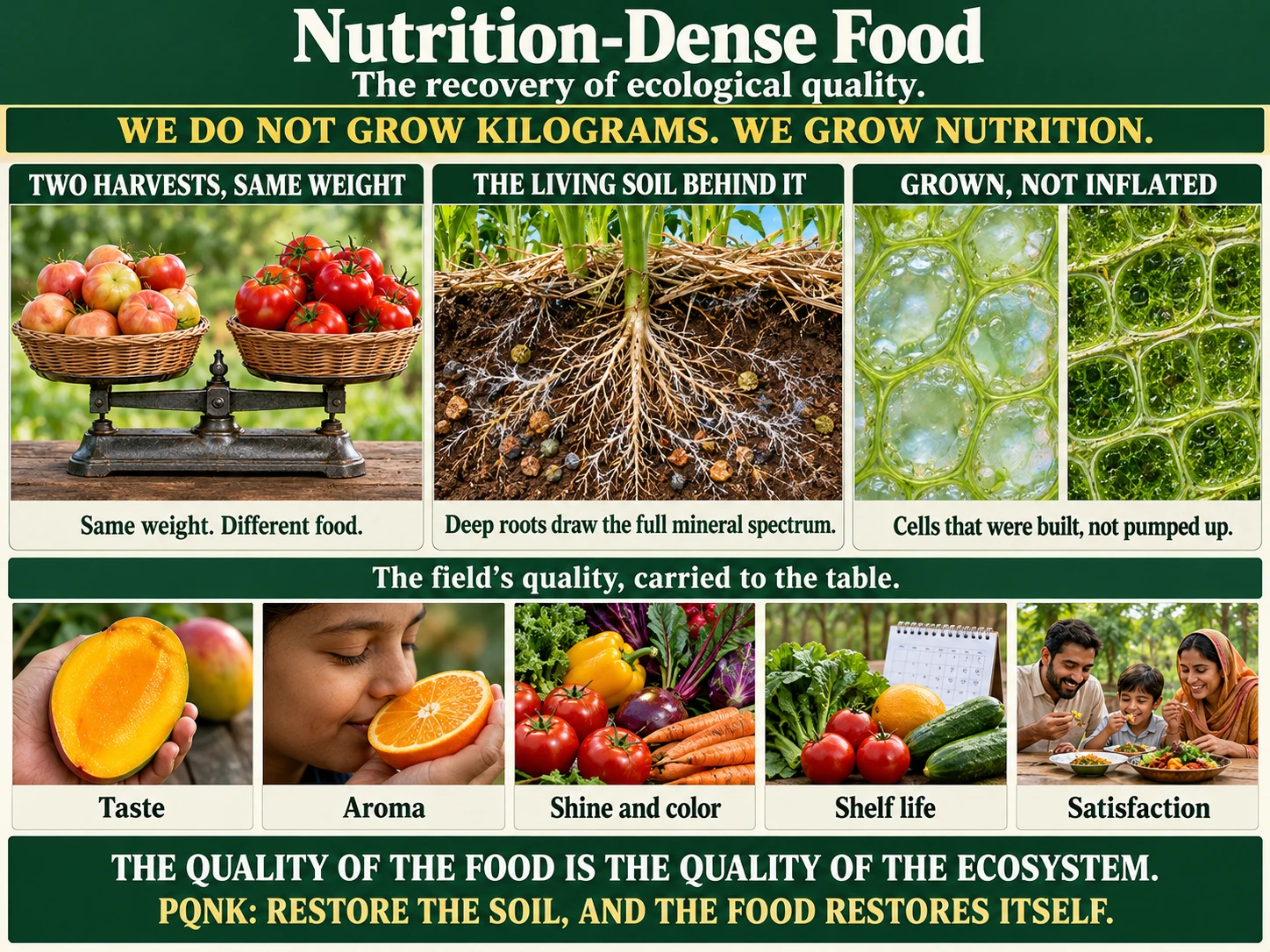 Infographic: Nutrition-Dense Food. The recovery of ecological quality. We do not grow kilograms. We grow nutrition. Two harvests, same weight: a balance scale holding two baskets of tomatoes at equal weight, pale and dull on the left, deep red and glossy on the right; same weight, different food. The living soil behind it: a mulched bed cut away to show deep roots, white fungal threads and mineral grains; deep roots draw the full mineral spectrum. Grown, not inflated: swollen, watery plant cells beside dense, thick-walled green cells; cells that were built, not pumped up. The field's quality, carried to the table: a halved deep-orange mango, taste; a girl smelling a cut orange, aroma; glossy colorful vegetables, shine and color; fresh vegetables still firm beside a calendar, shelf life; a family sharing a meal, satisfaction. The quality of the food is the quality of the ecosystem. PQNK: restore the soil, and the food restores itself.