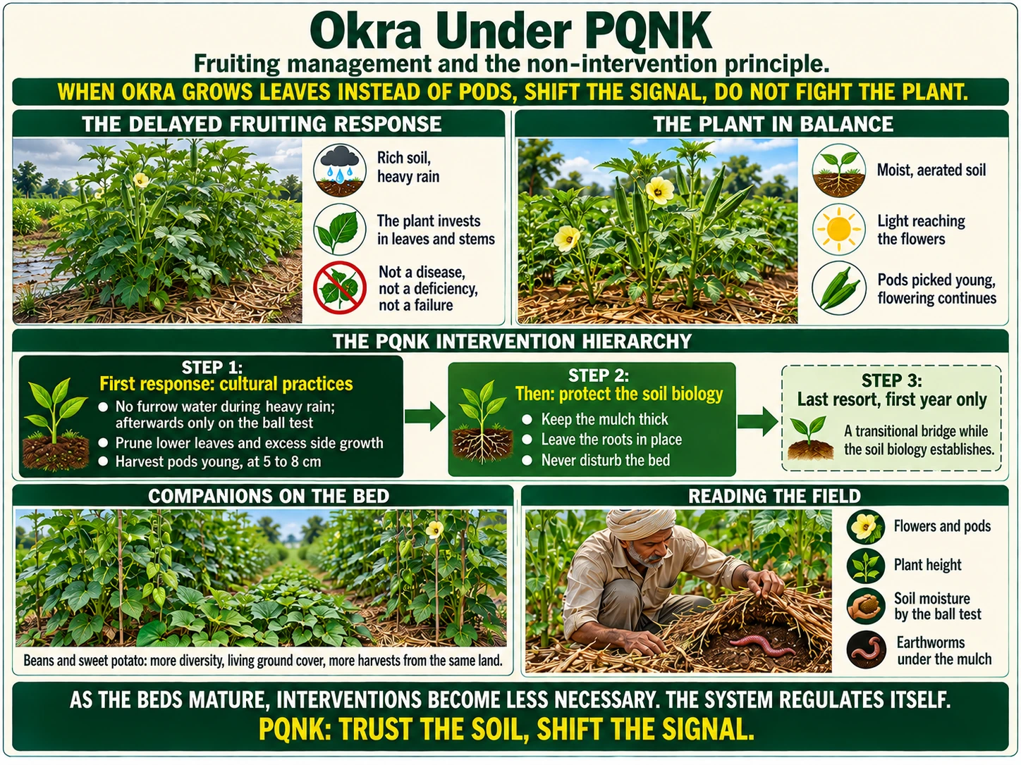 Infographic: Okra Under PQNK. Fruiting management and the non-intervention principle. When okra grows leaves instead of pods, shift the signal, do not fight the plant. The delayed fruiting response: a tall leafy okra stand; rich soil and heavy rain; the plant invests in leaves and stems; not a disease, not a deficiency, not a failure. The plant in balance: okra plants with flowers and pods under mulch; moist, aerated soil; light reaching the flowers; pods picked young, flowering continues. The PQNK intervention hierarchy. Step 1, first response: cultural practices; no furrow water during heavy rain, afterwards only on the ball test; prune lower leaves and excess side growth; harvest pods young, at 5 to 8 cm. Step 2, then: protect the soil biology; keep the mulch thick; leave the roots in place; never disturb the bed. Step 3, last resort, first year only: a transitional bridge while the soil biology establishes. Companions on the bed: beans and sweet potato, more diversity, living ground cover, more harvests from the same land. Reading the field: a farmer checks the mulch and finds an earthworm; flowers and pods; plant height; soil moisture by the ball test; earthworms under the mulch. As the beds mature, interventions become less necessary. The system regulates itself. PQNK: trust the soil, shift the signal.