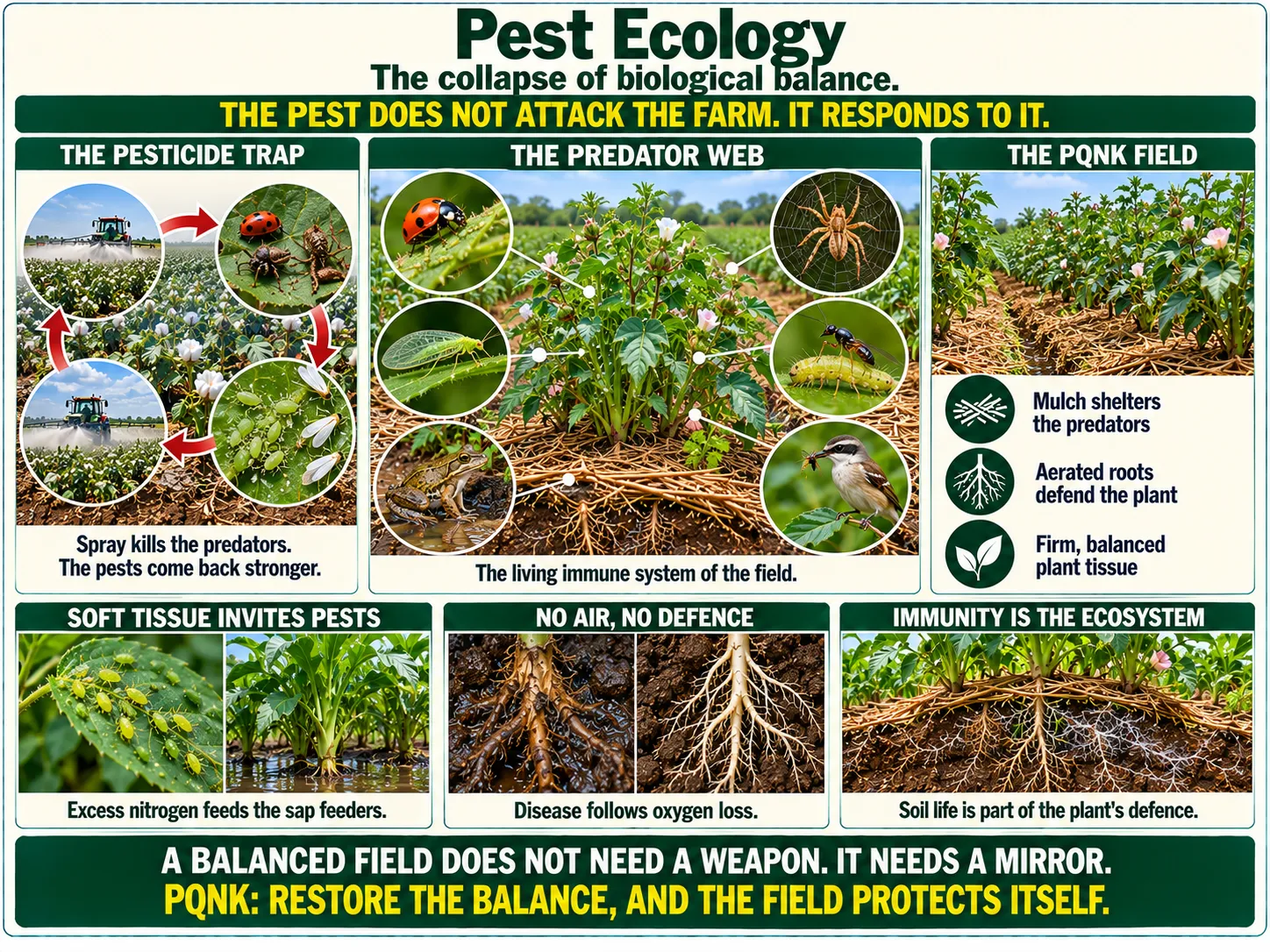Infographic: Pest Ecology. The collapse of biological balance. The pest does not attack the farm; it responds to it. The pesticide trap: a cycle of a tractor spraying a cotton field, dead ladybirds and spiders, then aphids and whiteflies returning, then spraying again; spray kills the predators, and the pests come back stronger. The predator web: a mulched plant surrounded by a ladybird, a spider, a lacewing, a wasp on a caterpillar, a frog and a bird eating an insect; the living immune system of the field. The PQNK field: healthy flowering crops on mulched raised beds; mulch shelters the predators; aerated roots defend the plant; firm, balanced plant tissue. Soft tissue invites pests: aphids on a soft leaf and lush plants standing in flood water; excess nitrogen feeds the sap feeders. No air, no defence: a dark, rotting root in waterlogged soil beside a white, branching root in crumbly soil; disease follows oxygen loss. Immunity is the ecosystem: roots under a mulched bed laced with fungal threads; soil life is part of the plant's defence. A balanced field does not need a weapon. It needs a mirror. PQNK: restore the balance, and the field protects itself.