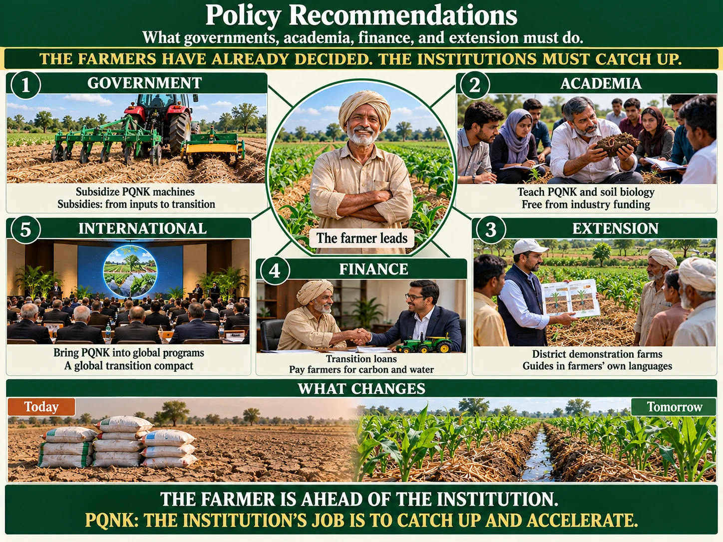 Infographic: Policy Recommendations. What governments, academia, finance, and extension must do. The farmers have already decided. The institutions must catch up. At the center, a smiling farmer in a turban stands with folded arms in a mulched field of young maize, labelled the farmer leads. Five panels around him, numbered 1 to 5: 1, government, a tractor pulling a subsoiler and bed shaper over mulched beds, subsidize PQNK machines, subsidies: from inputs to transition; 2, academia, students in a field class around a teacher holding crumbly soil, teach PQNK and soil biology, free from industry funding; 3, extension, an extension officer showing farmers an illustrated guide in a field, district demonstration farms, guides in farmers' own languages; 4, finance, a farmer and a bank officer shaking hands beside a model tractor, transition loans, pay farmers for carbon and water; 5, international, delegates in a conference hall facing a screen with a globe of green fields, bring PQNK into global programs, a global transition compact. What changes: today, fertilizer bags stacked on cracked bare soil; tomorrow, a mulched PQNK field of healthy maize with water in the furrow. The farmer is ahead of the institution. PQNK: the institution's job is to catch up and accelerate.