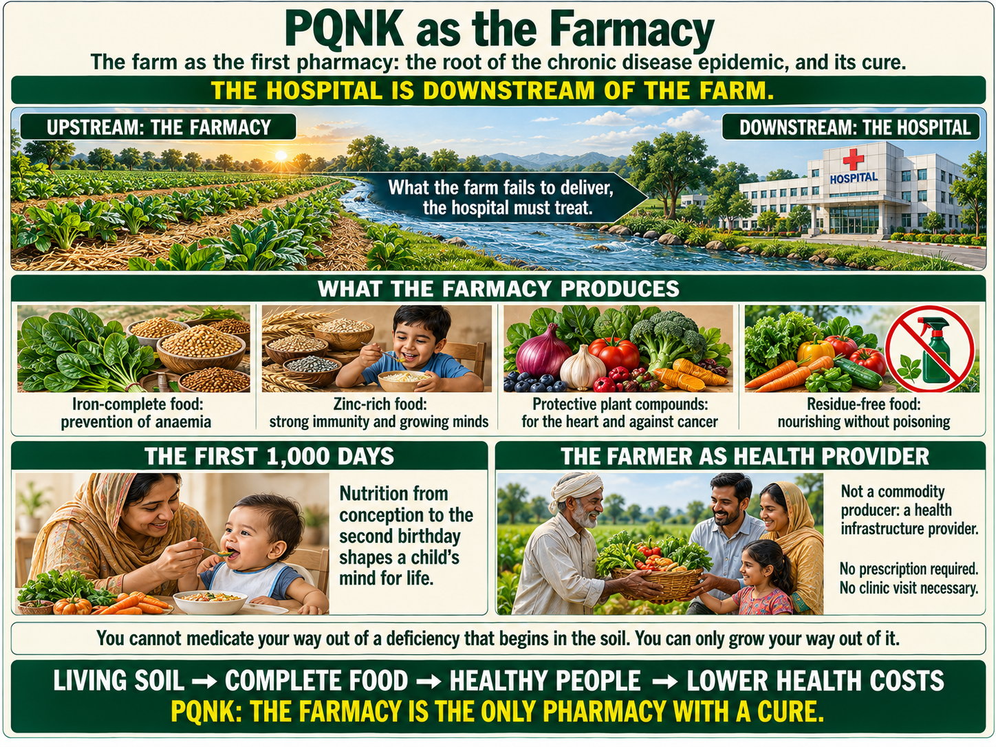 Infographic: PQNK as the Farmacy. The farm as the first pharmacy: the root of the chronic disease epidemic, and its cure. The hospital is downstream of the farm. Upstream, the farmacy: green PQNK fields with mulched beds; downstream, the hospital; what the farm fails to deliver, the hospital must treat. What the farmacy produces: iron-complete food, prevention of anaemia; zinc-rich food, strong immunity and growing minds; protective plant compounds, for the heart and against cancer; residue-free food, nourishing without poisoning. The first 1,000 days: nutrition from conception to the second birthday shapes a child's mind for life. The farmer as health provider: not a commodity producer but a health infrastructure provider; no prescription required, no clinic visit necessary. You cannot medicate your way out of a deficiency that begins in the soil; you can only grow your way out of it. Living soil, complete food, healthy people, lower health costs. PQNK: the farmacy is the only pharmacy with a cure.