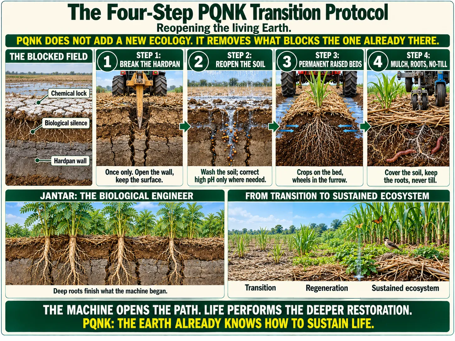 Infographic: The Four-Step PQNK Transition Protocol. Reopening the living Earth. PQNK does not add a new ecology; it removes what blocks the one already there. The blocked field: a cracked, salt-crusted surface over a dry hardpan, labelled chemical lock, biological silence and hardpan wall. Step 1, break the hardpan: a subsoiler shank cracking the hard layer; once only, open the wall, keep the surface. Step 2, reopen the soil: water soaking down through the fissures, freeing minerals; wash the soil, correct high pH only where needed. Step 3, permanent raised beds: a mulched bed with tractor wheels in the furrows and water soaking sideways into the bed; crops on the bed, wheels in the furrow. Step 4, mulch, roots, no-till: a planter seeding through thick mulch, with roots, fungal threads and earthworms below; cover the soil, keep the roots, never till. Jantar, the biological engineer: Jantar plants with deep taproots growing down through the cracked hardpan; deep roots finish what the machine began. From transition to sustained ecosystem: a field moving from thin crops on pale soil, through regeneration, to a dense, diverse field under mulch with birds and insects. The machine opens the path; life performs the deeper restoration. PQNK: the Earth already knows how to sustain life.