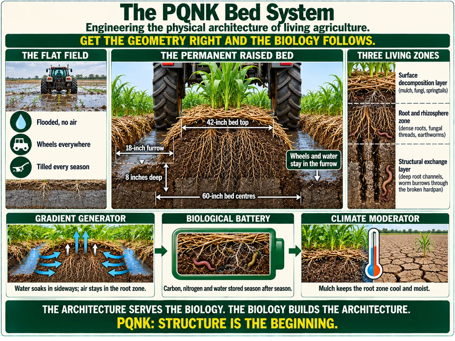 Infographic: The PQNK Bed System. Engineering the physical architecture of living agriculture. Get the geometry right and the biology follows. The flat field: a tractor driving across a flooded field with a hardpan under shallow roots; flooded, no air; wheels everywhere; tilled every season. The permanent raised bed: a tractor straddling a mulched raised bed with its wheels in the furrows, roots reaching deep below; labelled 42-inch bed top, 18-inch furrow, 8 inches deep and 60-inch bed centres; wheels and water stay in the furrow. Three living zones: the surface decomposition layer (mulch, fungi, springtails); the root and rhizosphere zone (dense roots, fungal threads, earthworms); and the structural exchange layer (deep root channels and worm burrows through the broken hardpan). Gradient generator: water soaks in sideways and air stays in the root zone. Biological battery: carbon, nitrogen and water stored season after season. Climate moderator: mulch keeps the root zone cool and moist, beside bare cracked soil. The architecture serves the biology. The biology builds the architecture. PQNK: structure is the beginning.