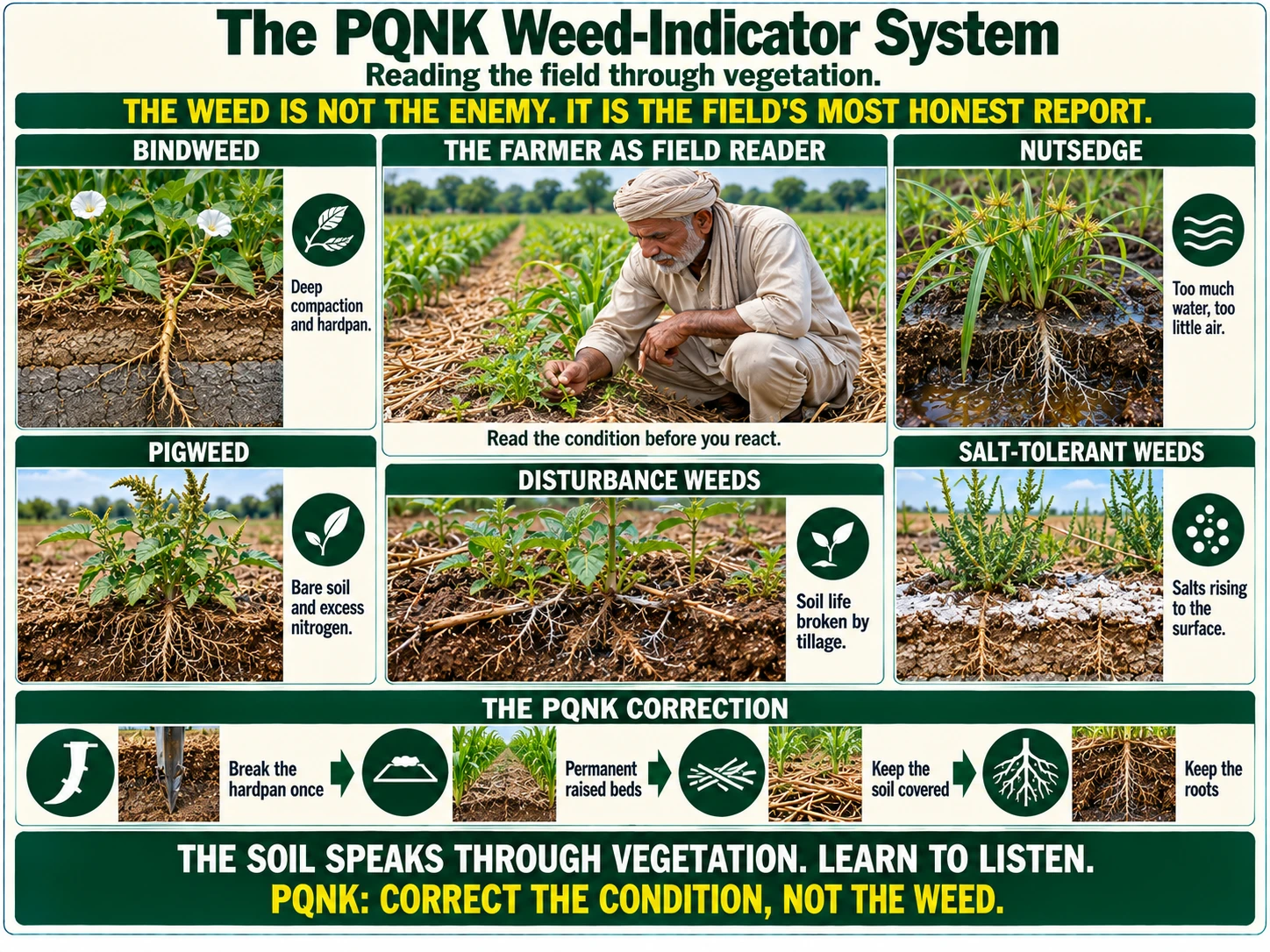 Infographic: The PQNK Weed-Indicator System. Reading the field through vegetation. The weed is not the enemy; it is the field's most honest report. The farmer as field reader: a farmer crouching between mulched raised beds, looking closely at a small weed; read the condition before you react. Bindweed, with a long root forcing through a hard grey hardpan: deep compaction and hardpan. Nutsedge in wet, dark soil: too much water, too little air. Pigweed on bare, loose soil: bare soil and excess nitrogen. Disturbance weeds on freshly tilled soil: soil life broken by tillage. Salt-tolerant weeds on soil with a white salt crust: salts rising to the surface. The PQNK correction: break the hardpan once; permanent raised beds; keep the soil covered; keep the roots. The soil speaks through vegetation. Learn to listen. PQNK: correct the condition, not the weed.