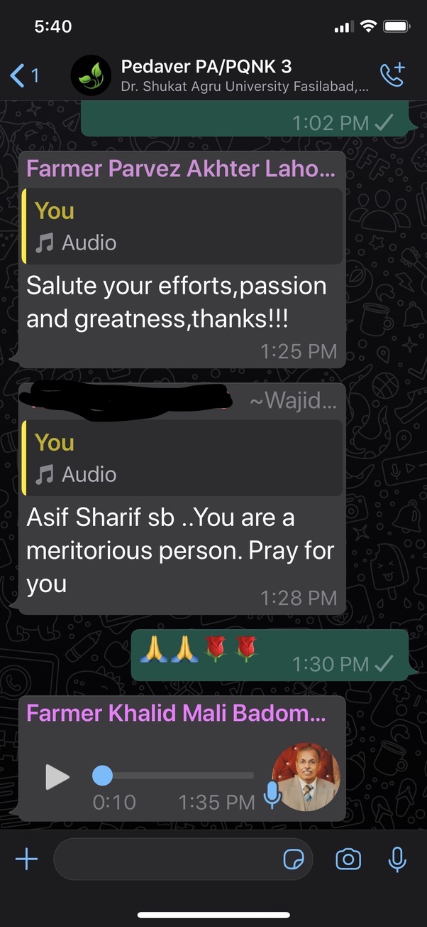 A farmer's message from a PQNK WhatsApp learning group