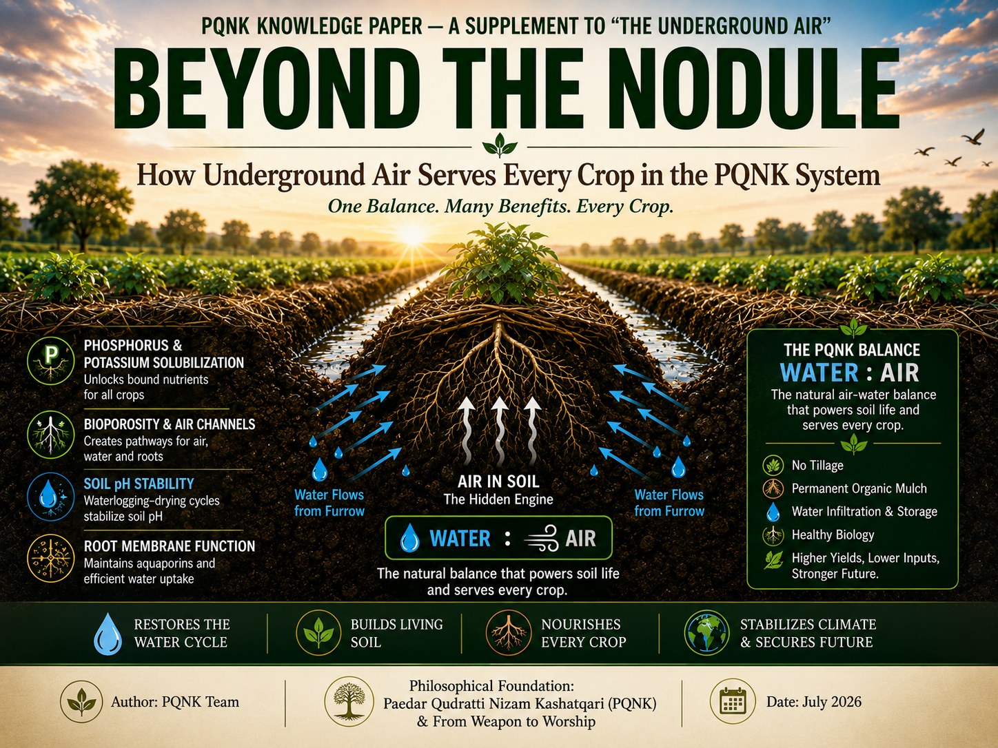 Cover infographic, PQNK Knowledge Paper, a supplement to The Underground Air: Beyond the Nodule, how underground air serves every crop in the PQNK system. One balance, many benefits, every crop. A crop on a raised bed has water flowing in from the furrows on both sides while air in the soil, the hidden engine, rises through the bed; the natural balance of water and air powers soil life and serves every crop. Benefits listed: phosphorus and potassium solubilization; bioporosity and air channels; soil pH stability; and root membrane function. The PQNK balance, water to air, comes from no tillage, permanent organic mulch, water infiltration and storage, and healthy biology, giving higher yields, lower inputs and a stronger future. Author: PQNK Team. Date: July 2026.