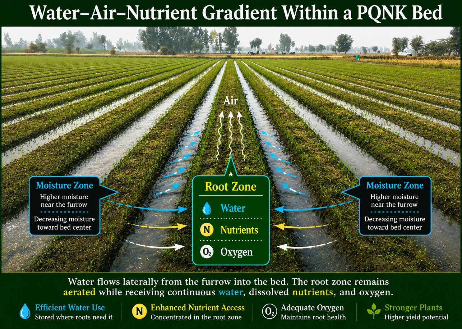 Infographic, Water-Air-Nutrient Gradient Within a PQNK Bed, drawn over a photo of beds with water in the furrows. Water flows laterally from the furrow into the bed. On each side is a moisture zone, with higher moisture near the furrow and decreasing moisture toward the bed centre. The root zone in the centre receives water, nutrients and oxygen, with air rising out of the bed. The root zone remains aerated while receiving continuous water, dissolved nutrients and oxygen. Results: efficient water use, stored where roots need it; enhanced nutrient access, concentrated in the root zone; adequate oxygen, maintaining root health; and stronger plants with higher yield potential.