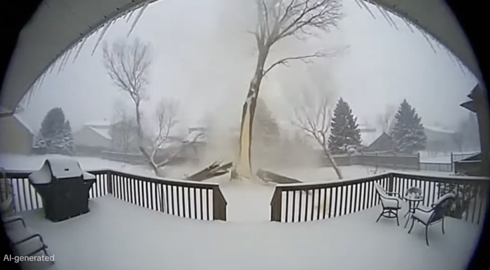 Picture of a back garden under heavy frost and freezing fog: snow covers the deck, railings, garden furniture and bare trees, showing the kind of cold that damages plant tissue. It is marked AI-generated.