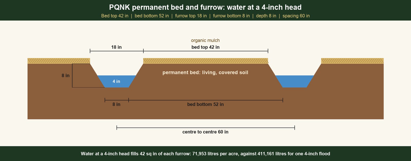 Scale diagram of the PQNK permanent bed and furrow. The bed is 42 inches across the top and 52 inches at the base, covered with organic mulch: a permanent bed of living, covered soil. Each furrow is 18 inches wide at the top, 8 inches at the bottom and 8 inches deep, and beds repeat every 60 inches, centre to centre. Water stands 4 inches deep in the furrows. Water at a 4-inch head fills 42 square inches of each furrow: 71,953 litres per acre, against 411,161 litres for one 4-inch flood.