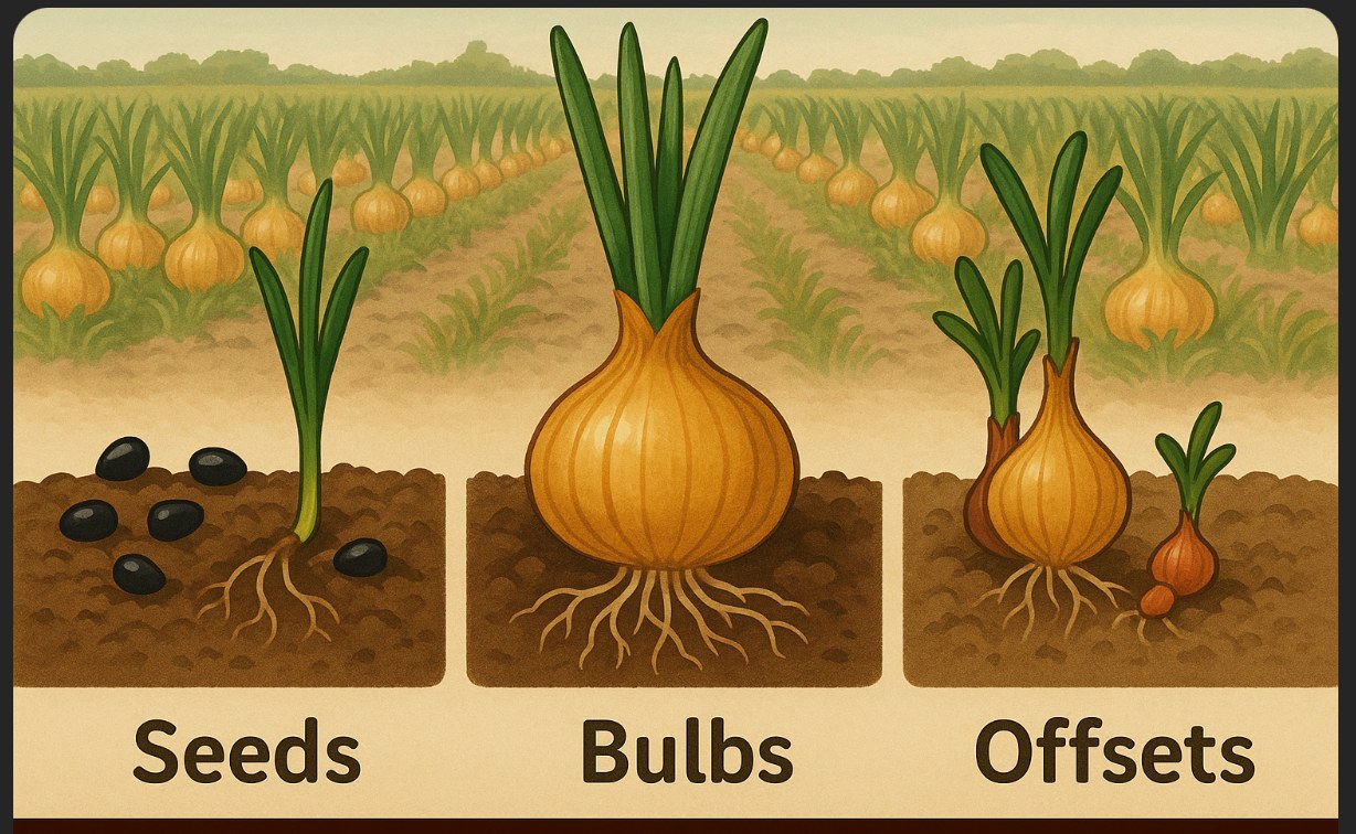 Illustration of the three ways to start onions, each shown in the soil: seeds, bulbs and offsets.