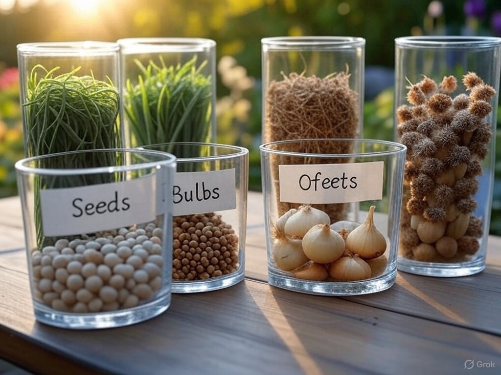 Glass jars on a table labelled seeds, bulbs and offsets, holding each type of onion planting material.