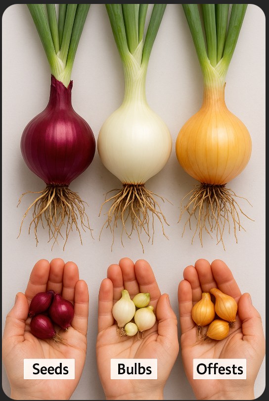 Red, white and yellow onions with roots above three hands holding seeds, bulbs and offsets.