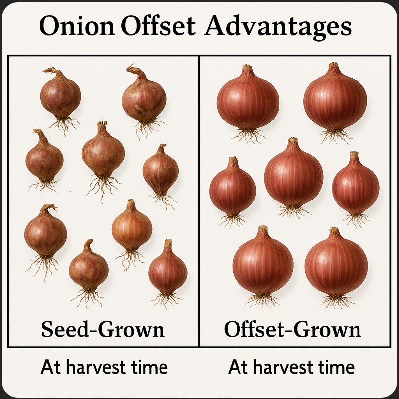 Illustration titled Onion Offset Advantages: at harvest time, offset-grown onions are larger and more uniform than seed-grown onions.