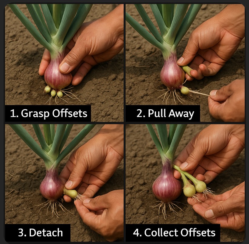 Four photos showing how to take offsets from an onion plant: 1, grasp the offsets; 2, pull them away; 3, detach them; 4, collect the offsets.