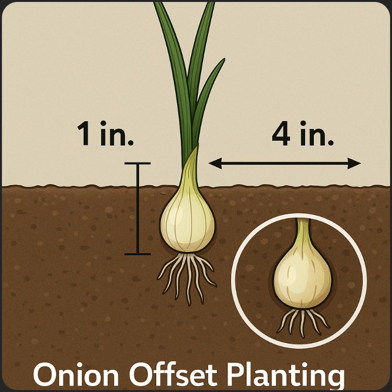 Diagram titled Onion Offset Planting: plant each offset 1 inch deep, pointed end up, and 4 inches apart.