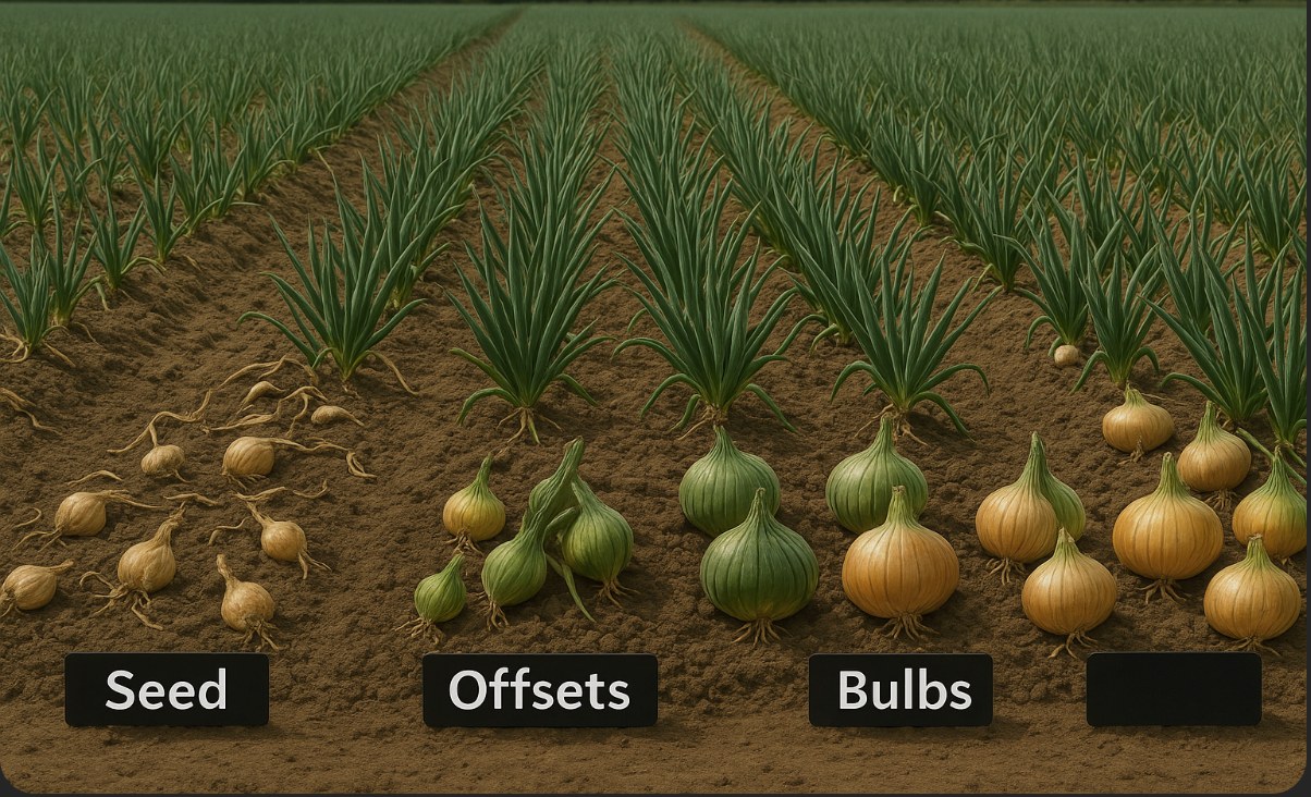 Photo of onion rows on beds labelled seed, offsets and bulbs, comparing the three planting materials in the field.