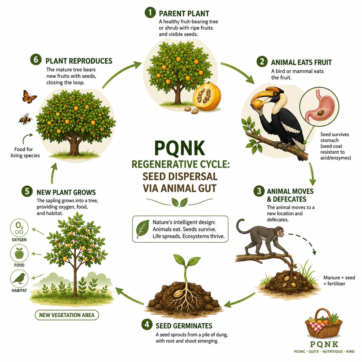 Diagram, PQNK regenerative cycle: seed dispersal via animal gut, in six steps around a circle. One, parent plant: a healthy fruit-bearing tree with ripe fruit and visible seeds. Two, animal eats fruit: a bird or mammal eats the fruit, and the seed survives the stomach because its coat resists acid and enzymes. Three, animal moves and defecates at a new location, leaving manure with the seed as fertilizer. Four, seed germinates: a seedling sprouts from the dung with root and shoot emerging. Five, new plant grows into a tree that provides oxygen, food and habitat, a new vegetation area. Six, plant reproduces: the mature tree bears new fruit with seeds, closing the loop. Centre: nature's intelligent design, animals eat, seeds survive, life spreads, ecosystems thrive.