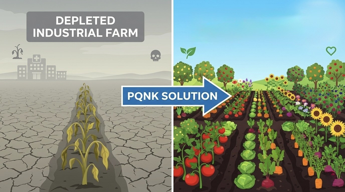 Illustration in two halves: on the left a depleted industrial farm, a row of withered plants on cracked, dry soil with a hospital and a skull sign behind; an arrow labelled PQNK solution points to the right half, a thriving field of vegetables, fruit trees and sunflowers on rich soil.
