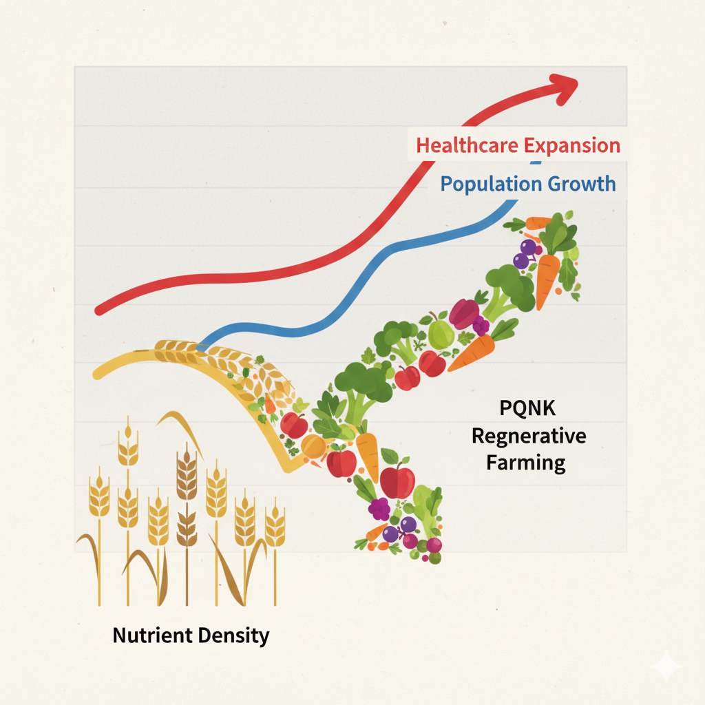 Chart: two rising lines, healthcare expansion climbing more steeply than population growth, while a wave of vegetables, fruit and grain labelled PQNK regenerative farming rises from below as the counterweight of nutrient density.