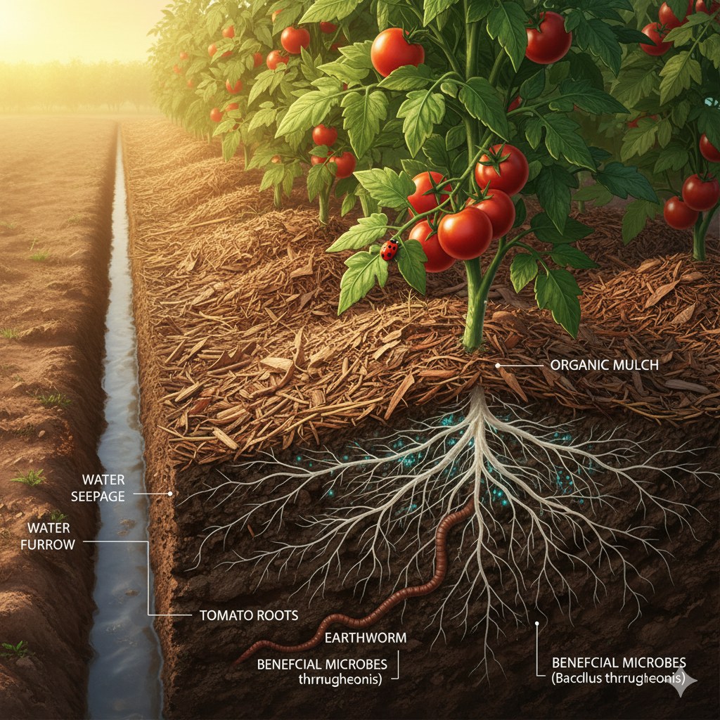 Cross-section of a PQNK tomato bed: tomato plants in fruit on a bed under organic mulch, beside a water furrow. Water seeps sideways from the furrow into the bed; below the mulch a wide tomato root system spreads through the soil with earthworms and beneficial microbes, Bacillus thuringiensis among them.