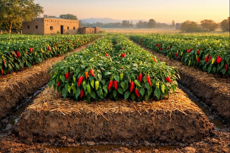 Illustration: a raised bed of chili plants heavy with red and green peppers, covered with straw mulch, in a long row of beds at sunset with a farmhouse in the background.