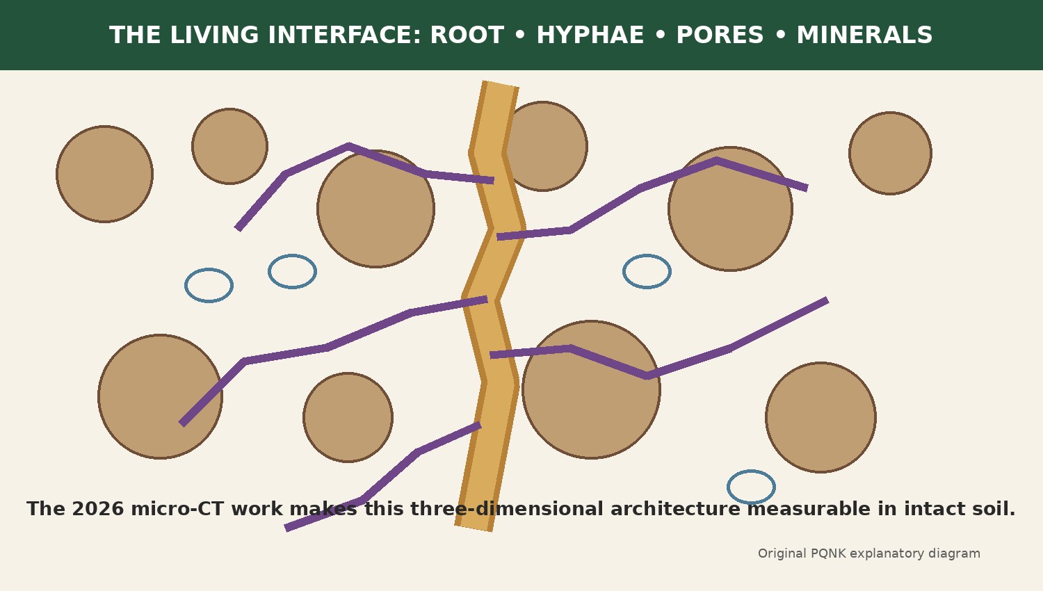 Diagram of the living interface in soil: a root, fungal hyphae threading between mineral particles, and air- and water-filled pores, the three-dimensional architecture that recent micro-CT imaging makes measurable in intact soil.