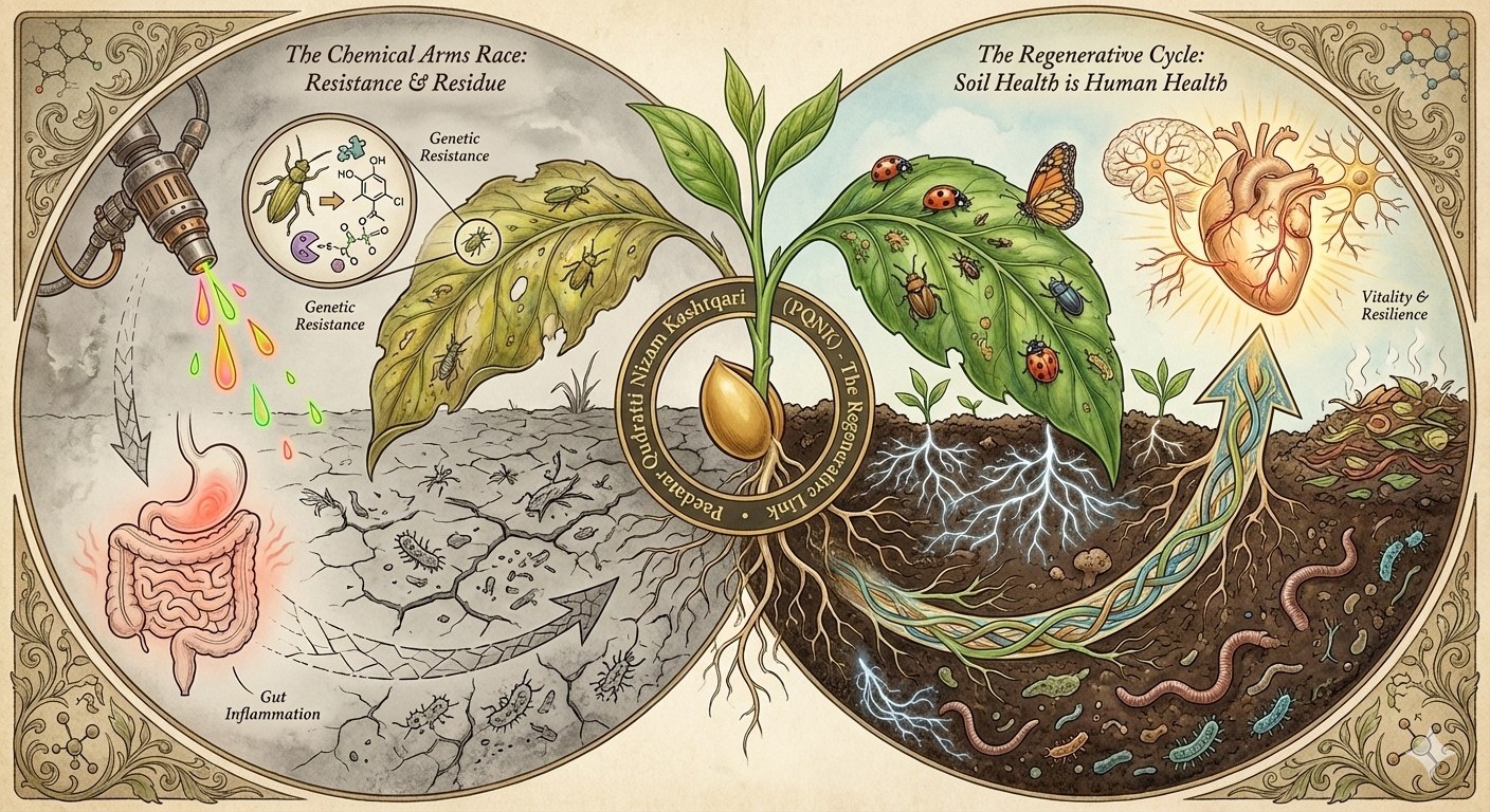 Illustration in two halves joined by a sprouting seed inside a ring reading Paedar Qudratti Nizam Kashtqari (PQNK), the regenerative link. Left, The Chemical Arms Race, Resistance and Residue: a sprayer nozzle drips coloured chemicals onto a damaged, insect-eaten leaf over cracked, grey soil; a close-up shows an insect and a molecule labelled genetic resistance, and an arrow leads down to an inflamed human gut. Right, The Regenerative Cycle, Soil Health is Human Health: a healthy green leaf with ladybirds and a butterfly above dark, living soil full of roots, fungal threads, earthworms and microbes, with an arrow rising to a glowing heart and brain labelled vitality and resilience.