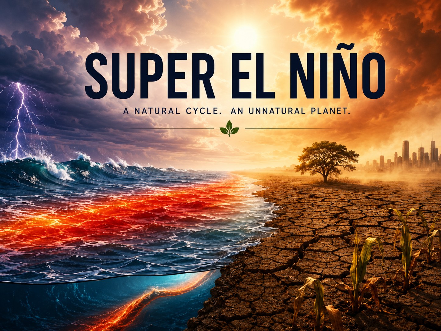 Illustration titled Super El Niño: a natural cycle, an unnatural planet. Storm clouds, lightning and a raging sea on one side meet cracked, drought-baked earth with a lone tree on the other.