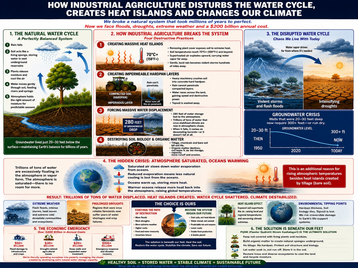 Infographic titled How Industrial Agriculture Disturbs the Water Cycle, Creates Heat Islands and Changes Our Climate. The natural water cycle is a balanced system: rain falls, living soil stores it like a sponge, plants release moisture and cool the air, and water feeds rivers and springs. Industrial agriculture breaks it: bare soil heats to 70 degrees Celsius and more, and superheated air carries water vapour far away, so gentle local rain becomes violent storms elsewhere; heavy machinery presses the soil into an impermeable hardpan, so rain runs off like water on pavement and washes the topsoil away. The result is today's disrupted cycle of floods, droughts and extreme weather.