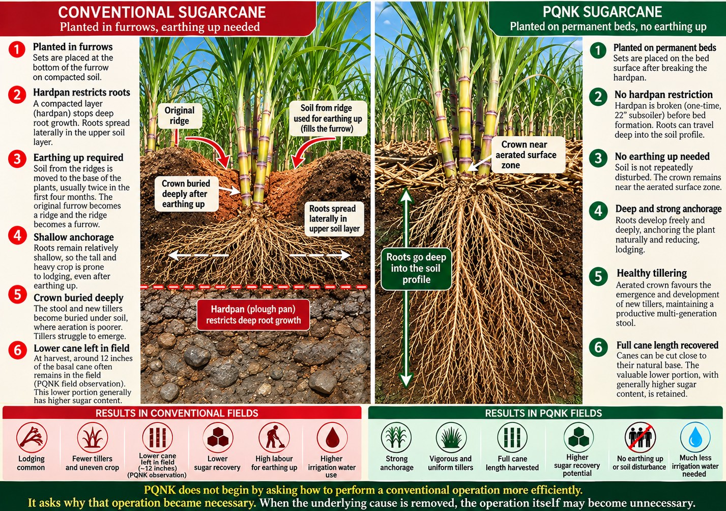 Infographic comparing conventional and PQNK sugarcane. Left, conventional sugarcane, planted in furrows, earthing up needed: sets are placed at the bottom of the furrow on compacted soil; a hardpan, or plough pan, stops deep root growth, so roots spread sideways in the upper layer; soil from the ridges is moved to the base of the plants, usually twice in the first four months, so the original furrow becomes a ridge and the ridge becomes a furrow; roots stay shallow and the tall, heavy crop is prone to lodging even after earthing up; the crown and new tillers are buried deeply where aeration is poorer; and at harvest about 12 inches of the sugar-rich basal cane often remains in the field. Right, PQNK sugarcane, planted on permanent beds, no earthing up: the hardpan is broken once with a subsoiler at about 22 inches before the beds are formed; sets are placed on the bed surface; roots travel deep into the soil profile and anchor the plant naturally; the soil is not disturbed again, so the crown stays near the aerated surface and tillering is healthy.