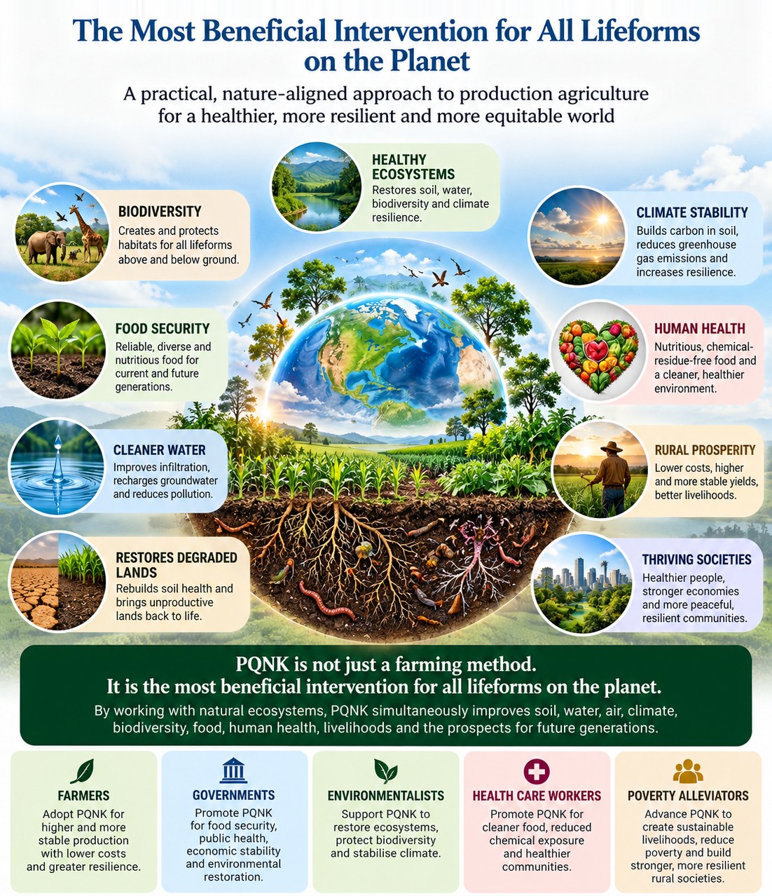 Infographic titled The Most Beneficial Intervention for All Lifeforms on the Planet: a practical, nature-aligned approach to production agriculture. Around a picture of the Earth it lists what PQNK does: healthy ecosystems, restoring soil, water, biodiversity and climate resilience; biodiversity, creating habitats above and below ground; climate stability, building soil carbon and reducing emissions; food security, with reliable, diverse, nutritious food; human health, with residue-free food and a cleaner environment; cleaner water, through better infiltration and groundwater recharge; rural prosperity, with lower costs and higher, more stable yields; restored degraded lands; and thriving societies. It closes: PQNK is not just a farming method; it is the most beneficial intervention for all lifeforms on the planet.